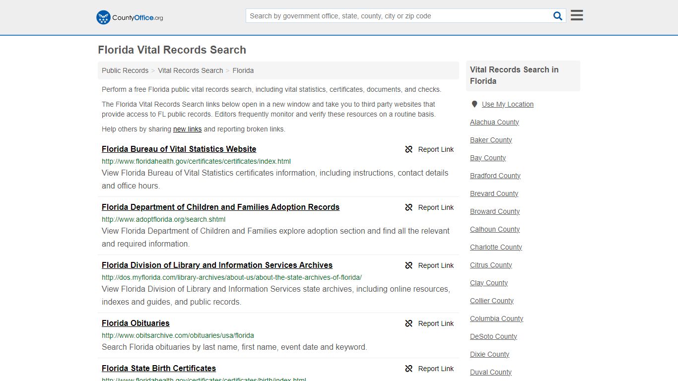Florida Vital Records Search - County Office